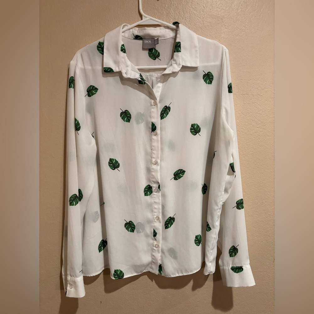 ASOS Slinky Off-White Button Up with Little Green Palm Leaves, Tropical Chic